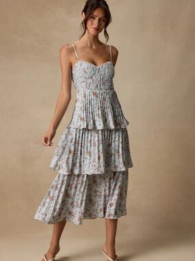 Cascading Crush Pale Blue Floral Print Tiered Bustier Midi Dress